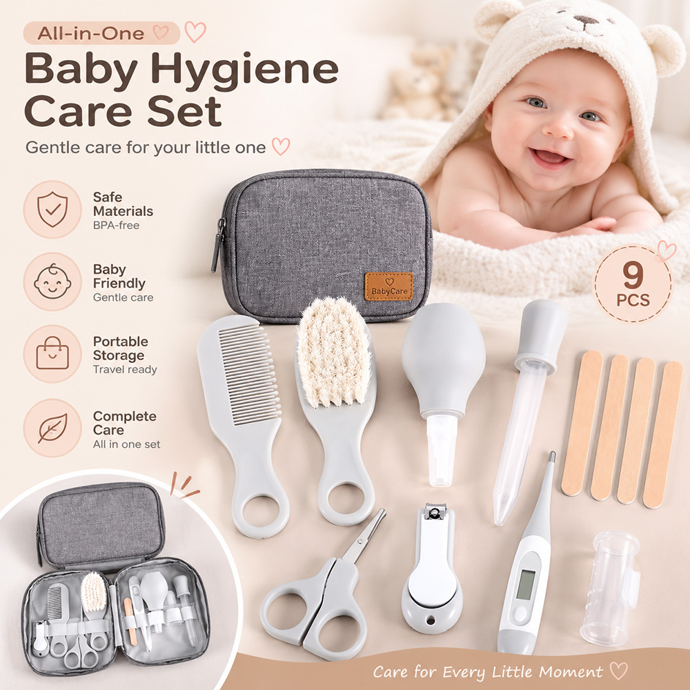 Baby Products Kit Set - Baby-Pflegeset 9-teilig Neugeborenen-Pflegeset mit Nagelknipser Haarbürste